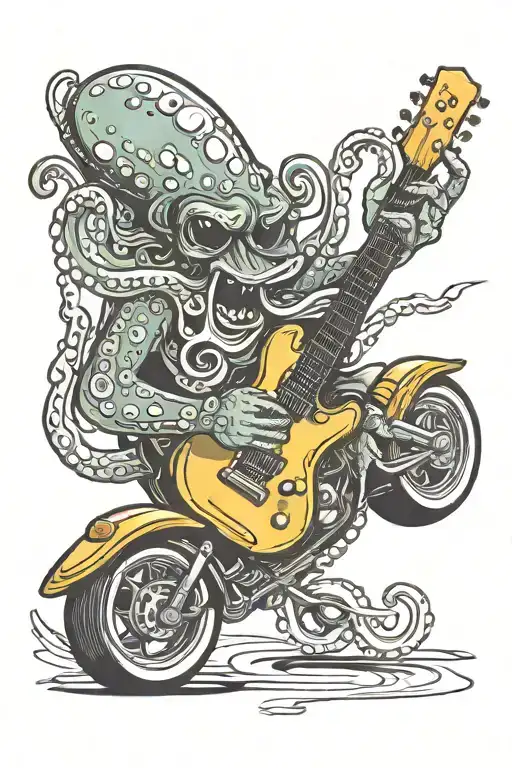 octopus playing guitar driving a hot rod car tattoo design idea