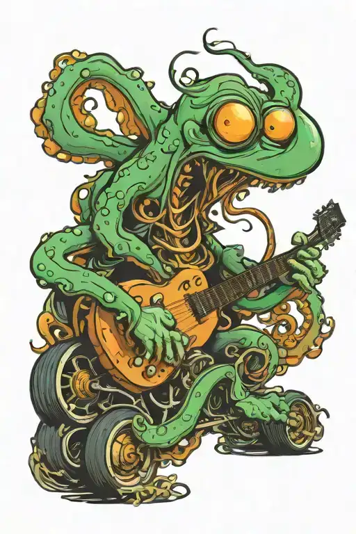 octopus playing guitar driving a hot rod car tattoo design idea