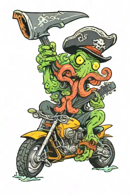 octopus driving a hotrod wearing a pirate hat and playing guitar tattoo design idea
