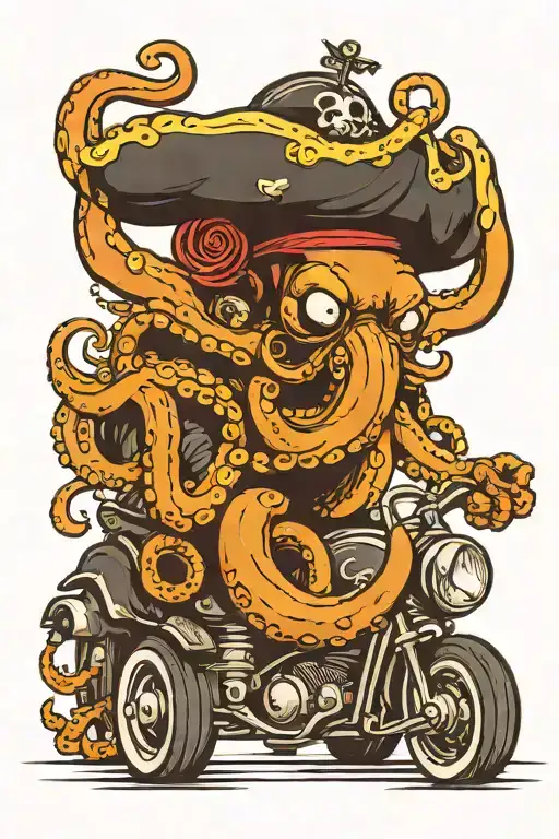octopus driving a hotrod wearing a pirate hat tattoo design idea