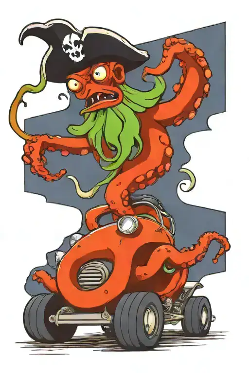 octopus driving a hot rod wearing a pirate hat tattoo design idea
