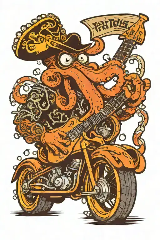 octopus driving a hotrod wearing a pirate hat and playing guitar tattoo design idea