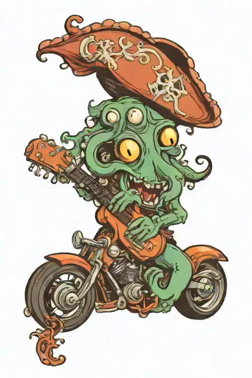 octopus driving a hotrod wearing a pirate hat and playing guitar tattoo design idea