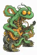 octopus playing guitar driving a hot rod car tattoo design idea