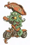 octopus driving a hotrod wearing a pirate hat and playing guitar tattoo design idea