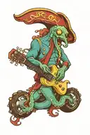 octopus driving a hotrod wearing a pirate hat and playing guitar tattoo design idea