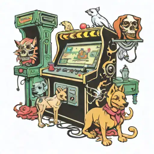 A tattoo design of a haunted video game arcade, with ghostly dogs and creepy dolls lurking in the background tattoo design idea
