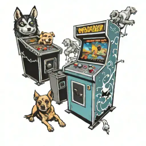 A tattoo design of a haunted video game arcade, with ghostly dogs and creepy dolls lurking in the background tattoo design idea