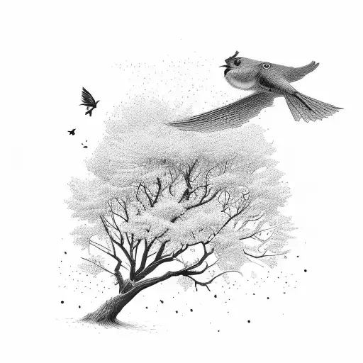 Elm Tree with a bird and a rcok tattoo design idea