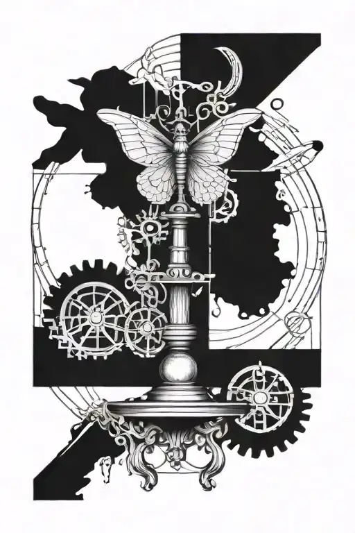 libra scale, oblation, gear, binary code for 27, lamb, butterfly, champaca tattoo design idea