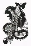 libra scale, oblation, gear, binary code for 27, lamb, butterfly, champaca tattoo design idea