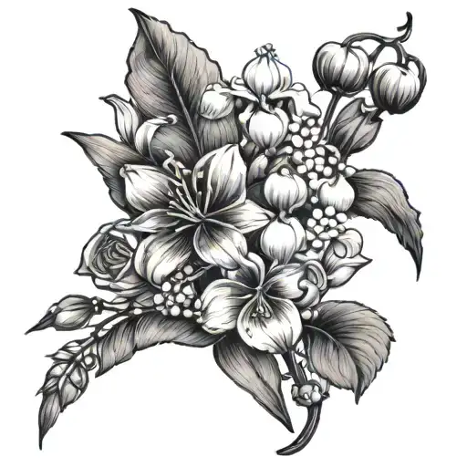 boquet, lily of the valley, hawthorne, rose, honeysuckle, iris, gladiolus, poppy, carnation  tattoo design idea