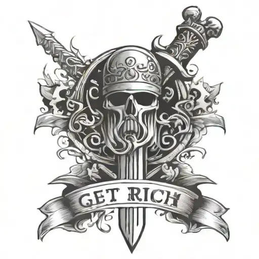 witcher sword with get rich inscription in gothic style tattoo design idea