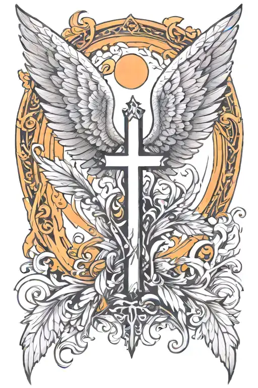Cross angel wings tattoo design idea