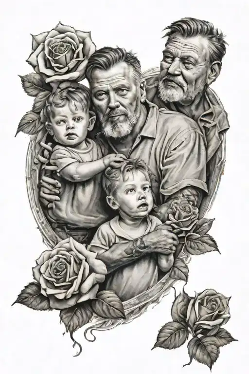 father with two children and a rose in the background tattoo design idea