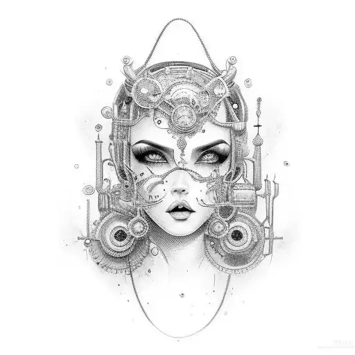 uma mulher estilo steampunk segurando um coração mecânico  tattoo design idea
