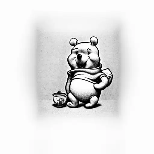 minimalistic Winnie the Pooh sitting on a coffee mug tattoo design idea