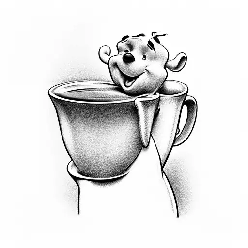 Winnie the Pooh sitting on a coffee mug tattoo design idea