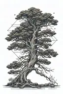 A black tall pine tree concept, with tree roots u tattoo design idea