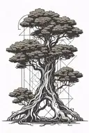 A black tall pine tree concept, with tree roots u tattoo design idea