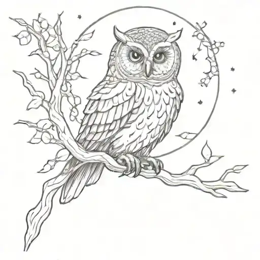An owl perched on a branch with a full moon and fireflies in the background tattoo design idea