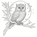 An owl perched on a branch with a full moon and fireflies in the background tattoo design idea