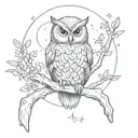An owl perched on a branch with a full moon and fireflies in the background tattoo design idea