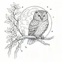 An owl perched on a branch with a full moon and fireflies in the background tattoo design idea