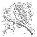 An owl perched on a branch with a full moon and fireflies in the background tattoo design idea