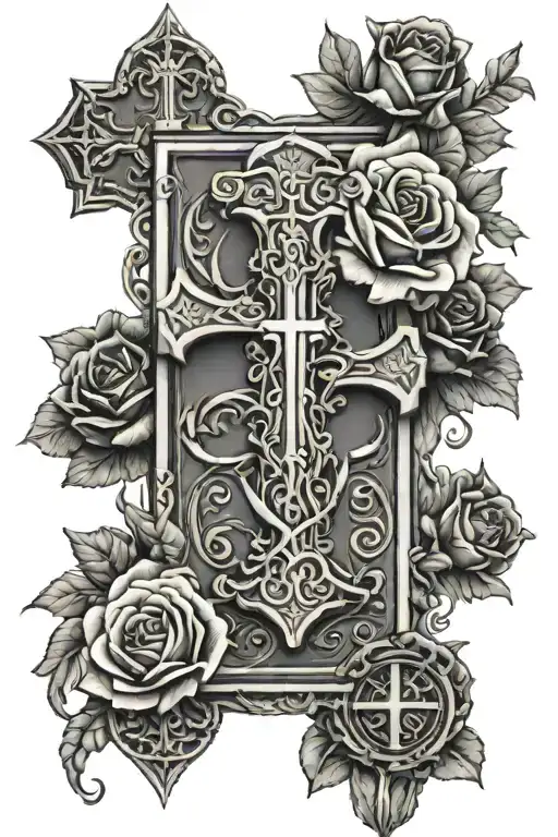 Back of forarm tattoo Greek sculptures surrounding a cross with roses and thorns and a 76 in roman numerals on the cross tattoo design idea