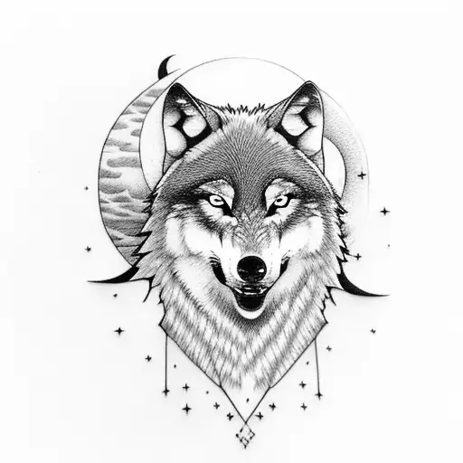 Wolf howling at the moon as bats fly around tattoo design idea
