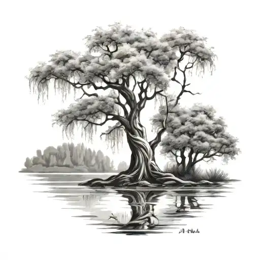 willow tree along riverbank with initials carved into tree trunk tattoo design idea