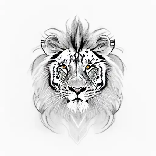 Half the face of a lion in a calm state, half the face of a tiger with a grin tattoo design idea