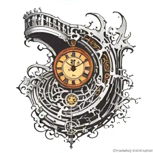 Tattoo clock inside them stairs in the form of a spiral time shows 6 hours 13 minutes the right side of the clock turns into tattoo design idea