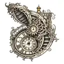 Tattoo clock inside them stairs in the form of a spiral time shows 6 hours 13 minutes the right side of the clock turns into tattoo design idea