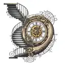 Tattoo clock inside them stairs in the form of a spiral time shows 6 hours 13 minutes the right side of the clock turns into tattoo design idea