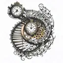 Tattoo clock inside them stairs in the form of a spiral time shows 6 hours 13 minutes the right side of the clock turns into tattoo design idea