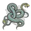 A new-school style tattoo of Mahadev's snake wrapped around Shivi's name in a unique font tattoo design idea