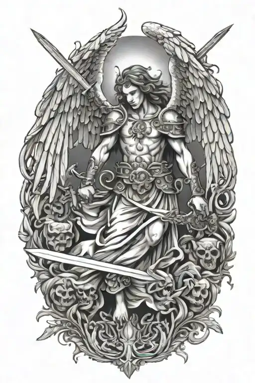 Strong and powerful angel with wings wielding a sword under a divine light and surrounded by evil creatures tattoo design idea