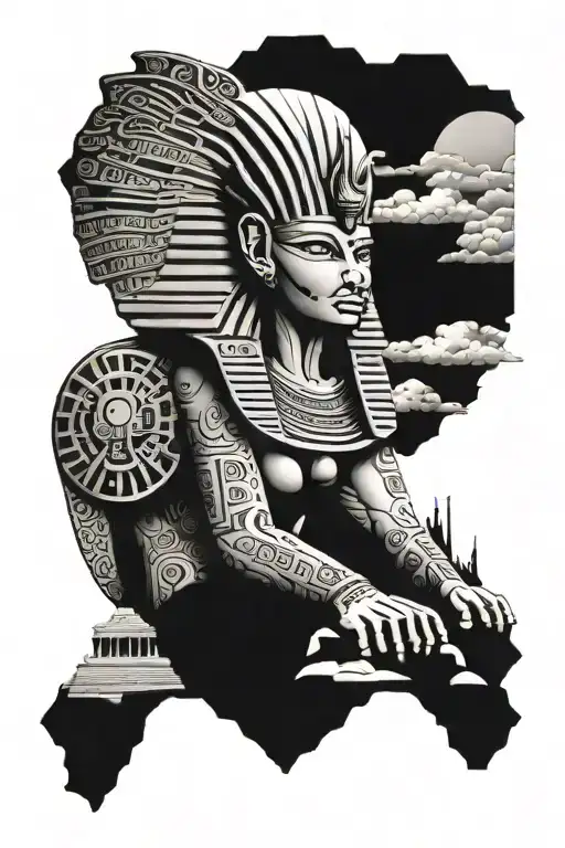 An Egyptian sphinx adorned with intricate hieroglyphics, set against a backdrop of ancient ruins tattoo design idea
