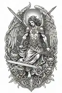Strong and powerful angel with wings wielding a sword under a divine light and surrounded by evil creatures tattoo design idea