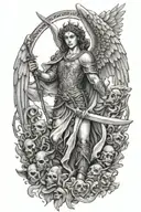 Strong and powerful angel with wings wielding a sword under a divine light and surrounded by evil creatures tattoo design idea