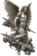 Strong and powerful angel with wings wielding a sword under a divine light and surrounded by evil creatures tattoo design idea