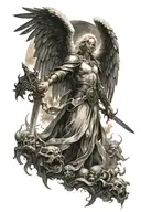 Strong and powerful angel with wings wielding a sword under a divine light and surrounded by evil creatures tattoo design idea
