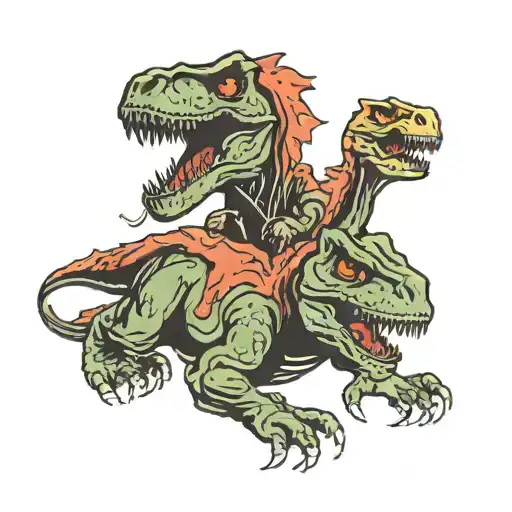 Jurassic park logo, zombie T-Rex, two riders in black hoods tattoo design idea