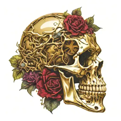 Gold and copper Broken Skull missing jaw bone melting, with a Big dark Red Ruby gemstone in the eyesocket, dead flowers tattoo design idea