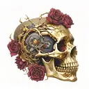 Gold and copper Broken Skull missing jaw bone melting, with a Big dark Red Ruby gemstone in the eyesocket, dead flowers tattoo design idea