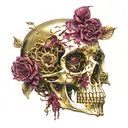 Gold and copper Broken Skull missing jaw bone melting, with a Big dark Red Ruby gemstone in the eyesocket, dead flowers tattoo design idea