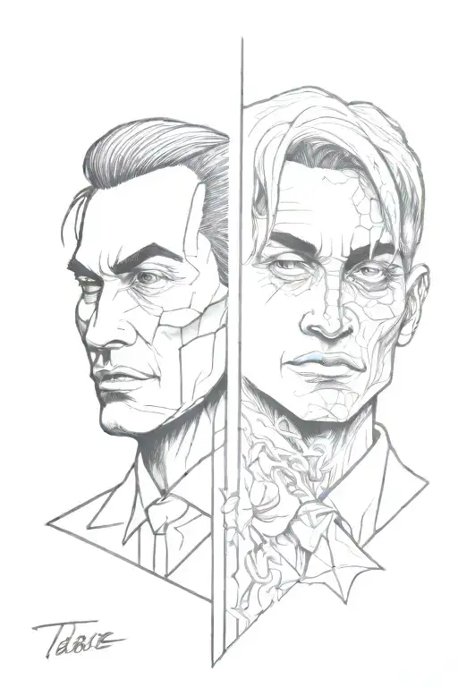 Two face monster one smiling one crying teatre grunge and dark tattoo design idea