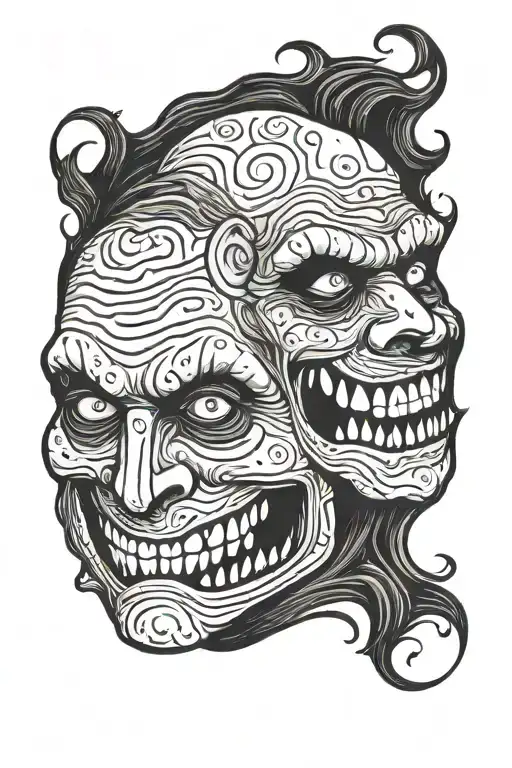 Two face monster one smiling one crying teatre grunge and dark tattoo design idea